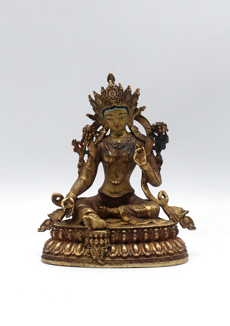 Gold Plated Copper Green Tara Statue 5"H