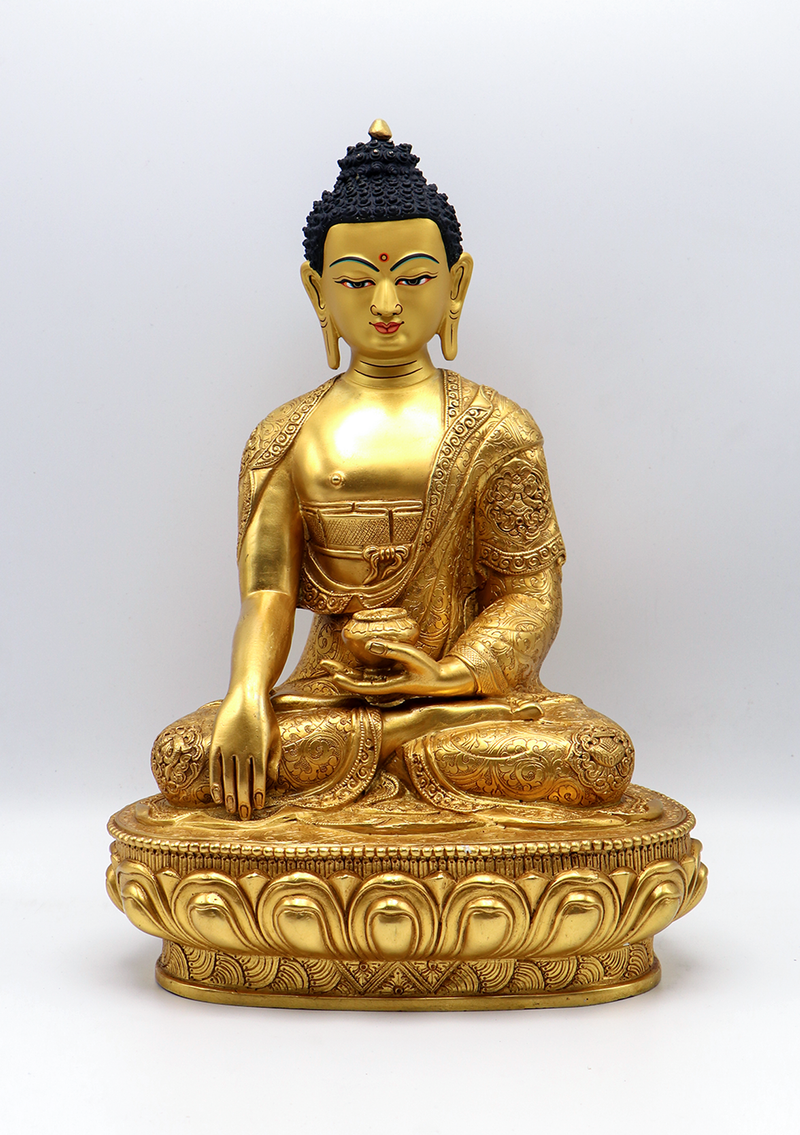 Eight Auspicious Symbols Carved Gold Plated Shakyamuni Buddha Statue 13" H