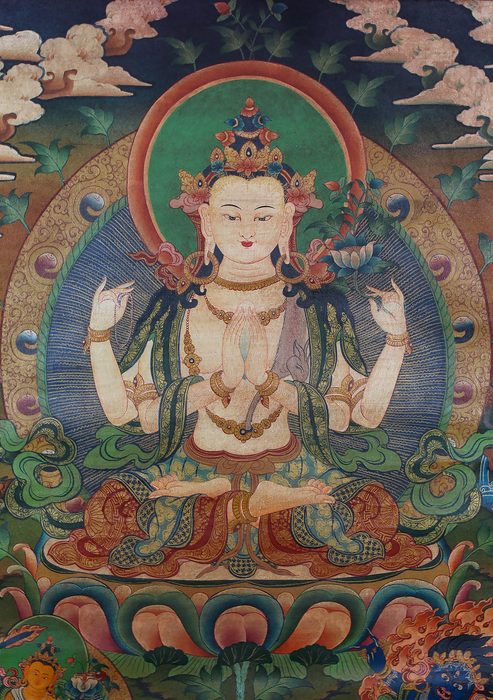 Antique Chenrezig Brocade Thangka Painting