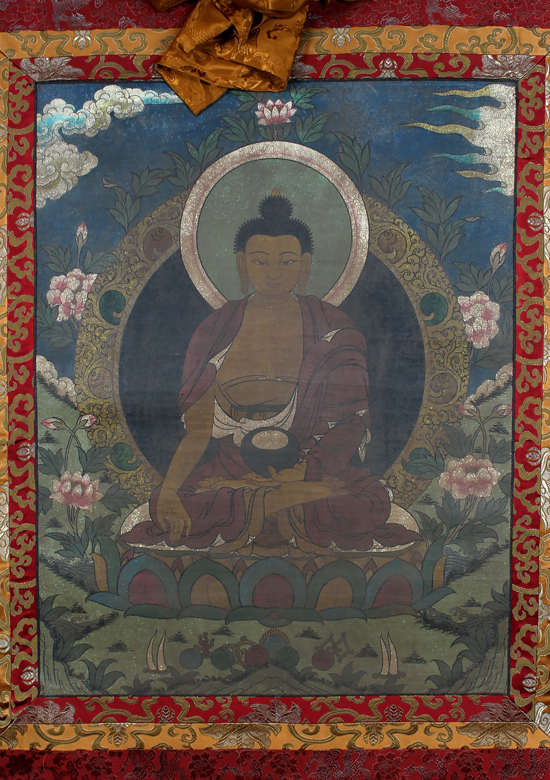 Antique Ratnasambhava Brocade Thangka Painting
