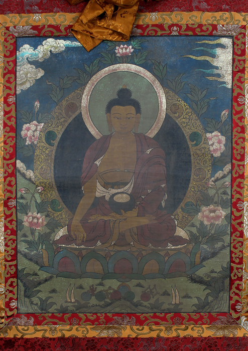 Antique Ratnasambhava Brocade Thangka Painting