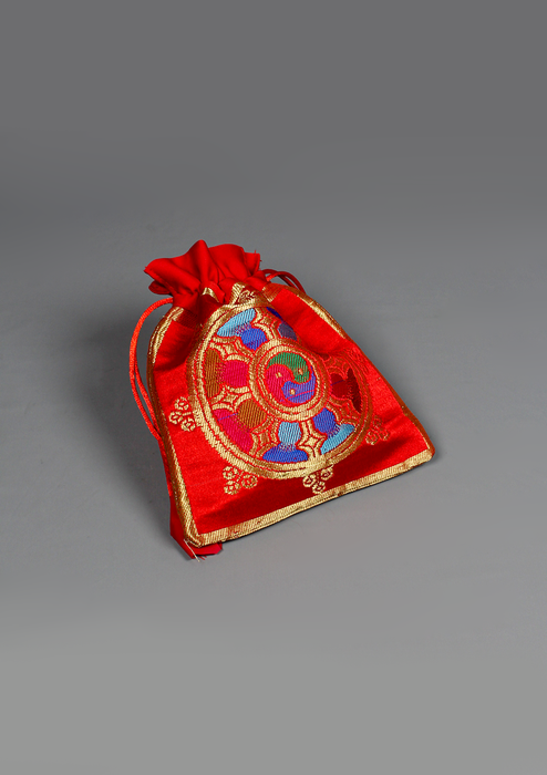 Dharma Wheel Brocade Drawstring Mala Red Bag