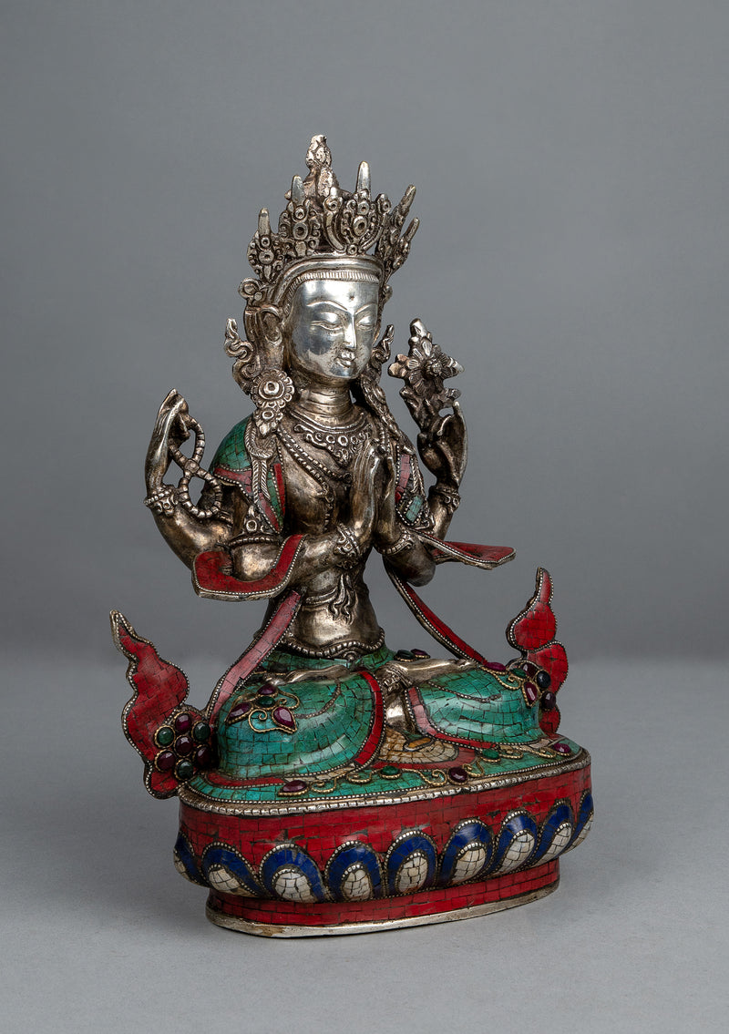 Silver Plated  Stone Inlaid  Four arms Chenrezig Statue