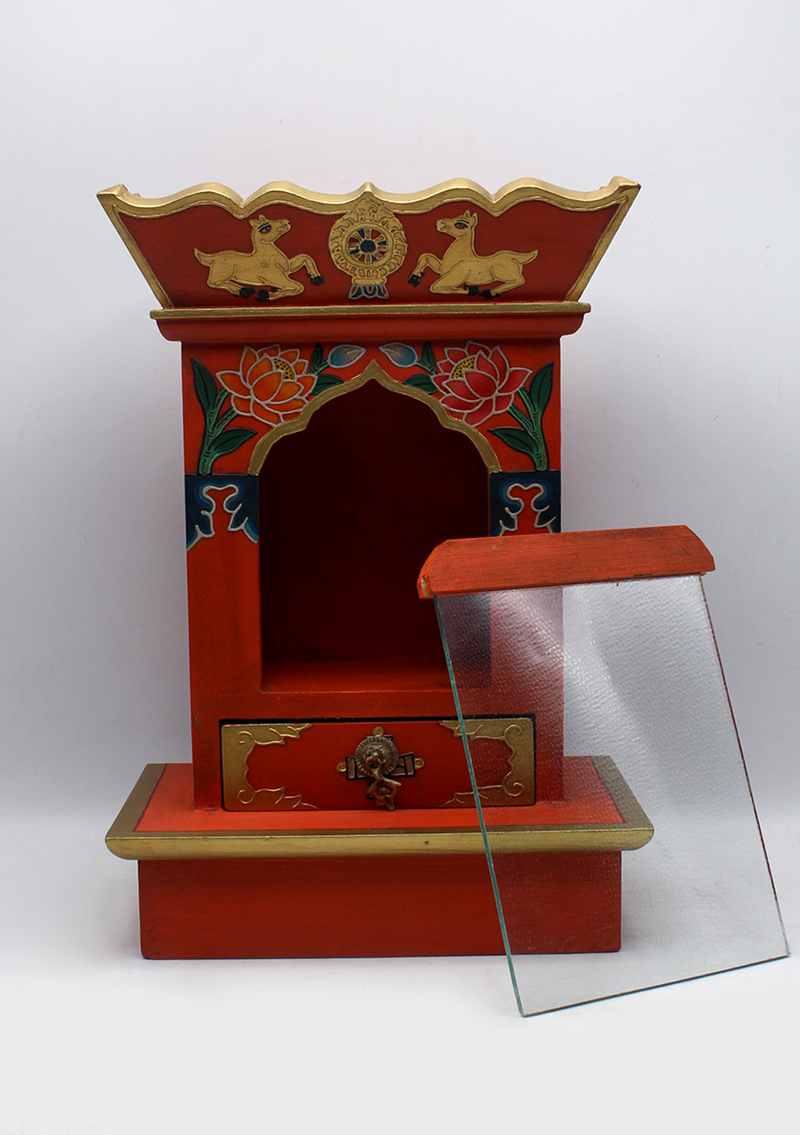 Parasol Tibetan Wooden Shrine Altar Box with Glass
