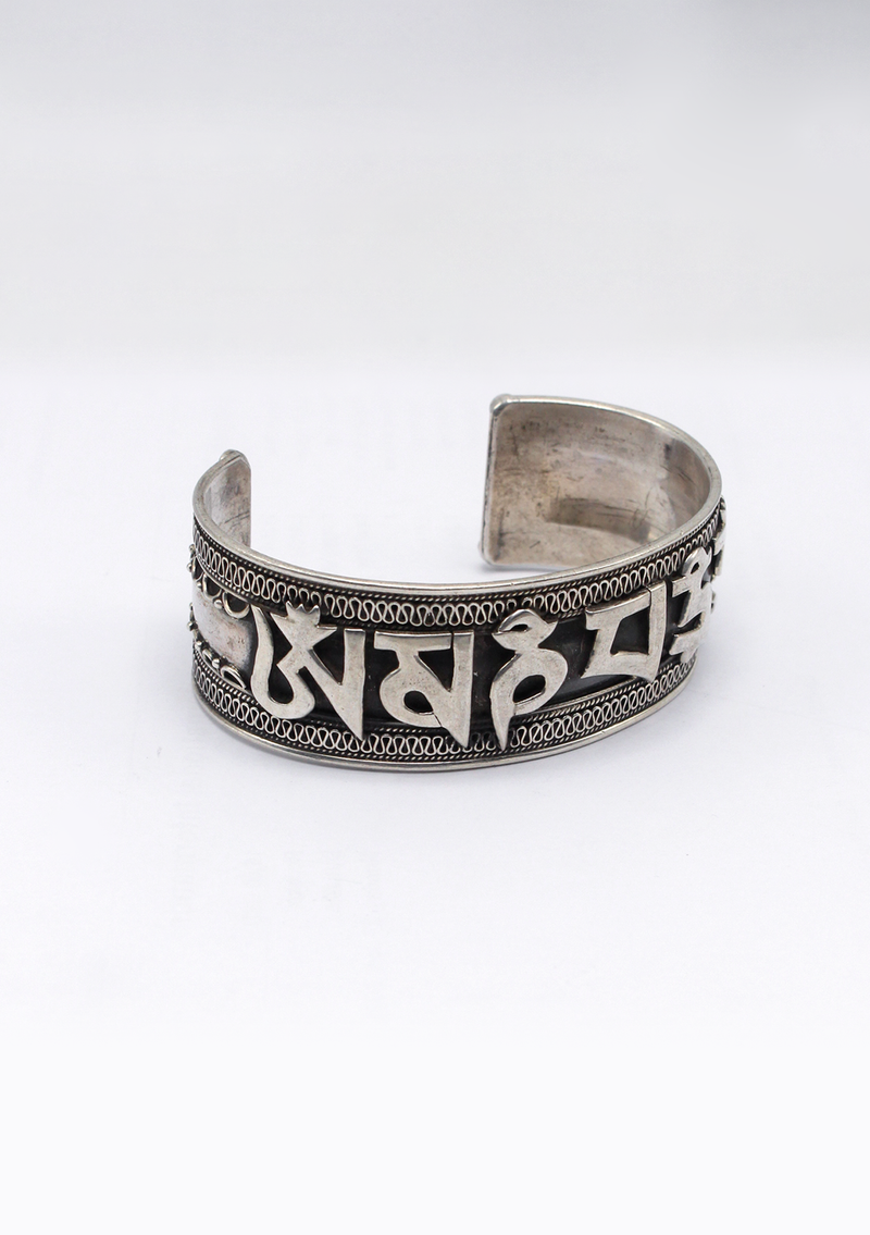 Om Mani Padme Hum Silver Large Wrist Bracelet