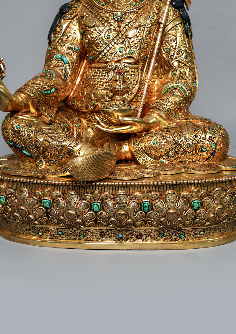 Masterpiece 24K Gold Plated Stone Inlaid Guru Padmasambhava Statue 2 feet High