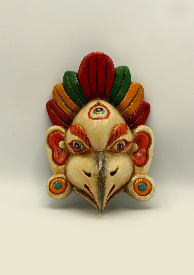 Handcarved and HandPainted Wooden Garud Wall Hanging Mask - White