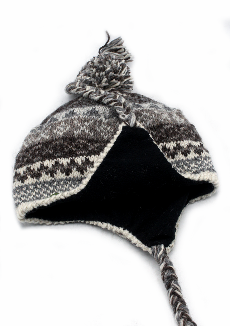 Natural Dark  Color Hand Knitted Winter Sherpa Cap