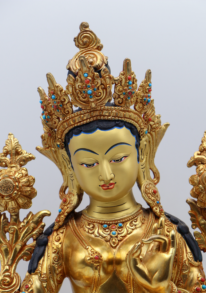 Green Tara Dolma 24 K Gold Stone Inlaid  Copper Statue 14"H