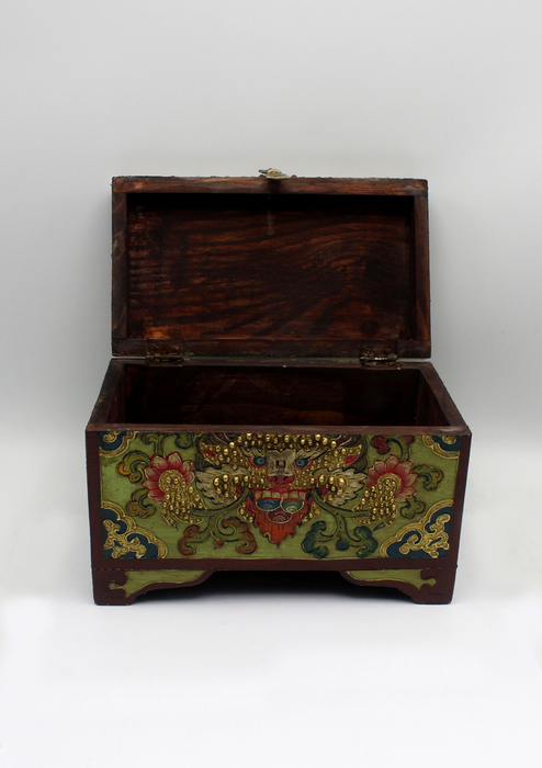 Handpainted Tibetan Double Dorjee Green Wooden Box -Large