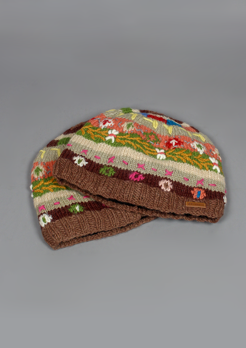 Handknitted Earthy Tone Flower Pattern Woolen Beanie