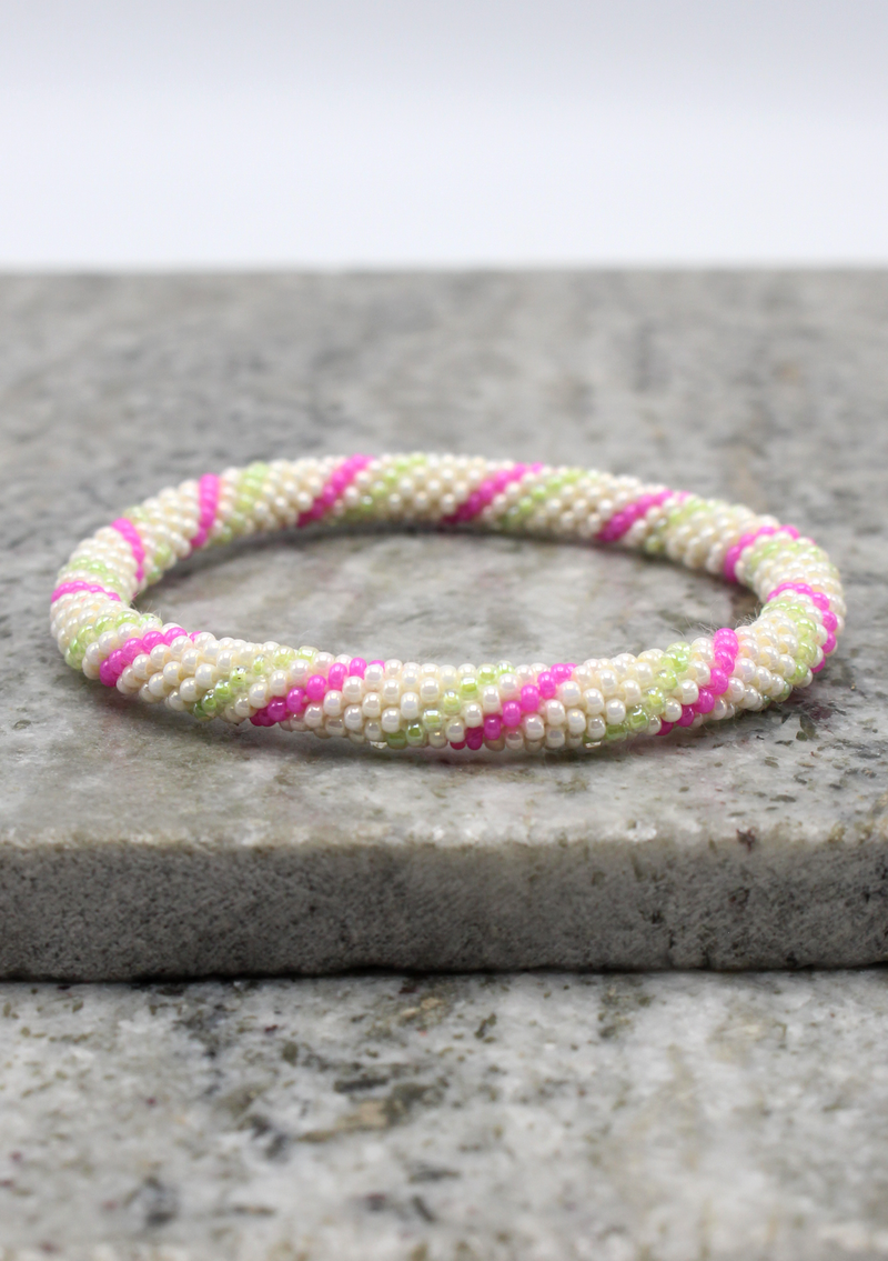 Pink Green Beads Nepalese Roll on Bracelet