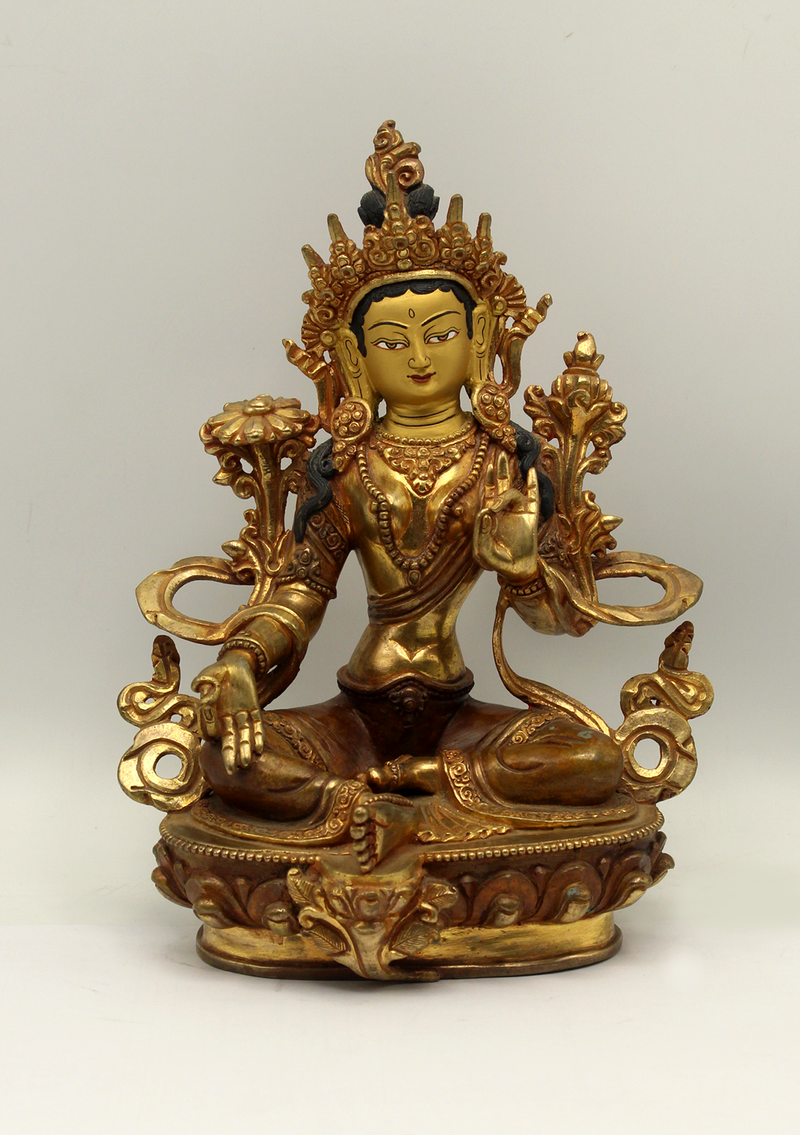 God of Compassion  Gold Plated Green Tara Statue 8.5" H