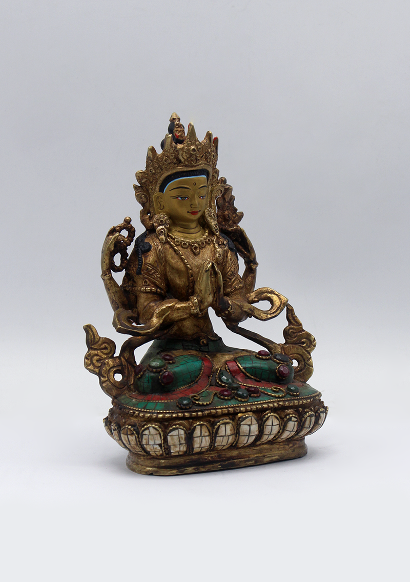 Stone Inlaid Copper Chenrezig Statue 6"H (2)