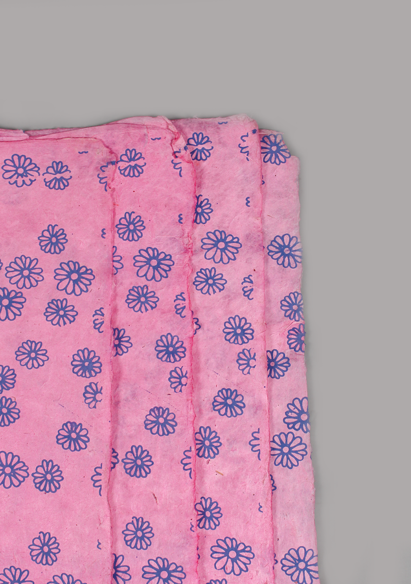 Blue Flower Printed on Pink Background Lokta Paper Gift Wrap