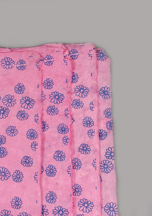 Blue Flower Printed on Pink Background Lokta Paper Gift Wrap