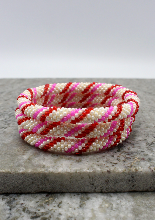 Red White Stripe  Nepalese Roll on  Beads Bracelet