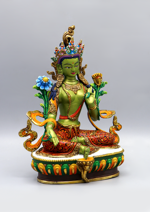 Green Tara  Handpainted  Copper Goldplated  Statue 9"H