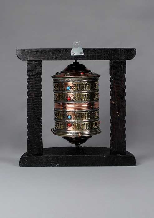 4 Line Om Mani Copper Prayer Wheel With Wooden Frame