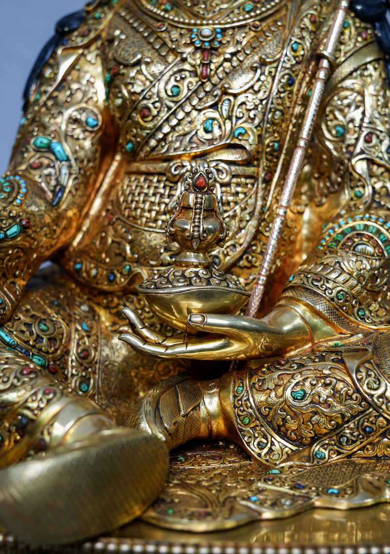 Masterpiece 24K Gold Plated Stone Inlaid Guru Padmasambhava Statue 2 feet High