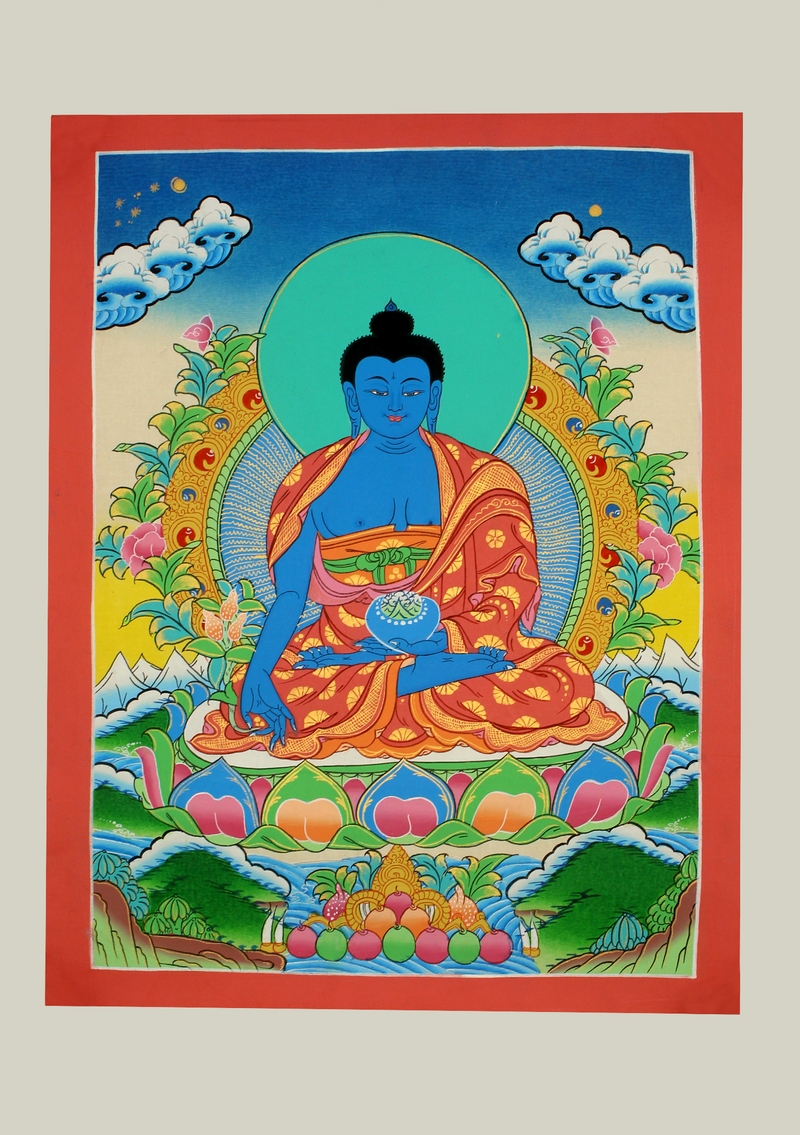 Medicine Buddha  Seated on Double  Lotus Thangka Painting