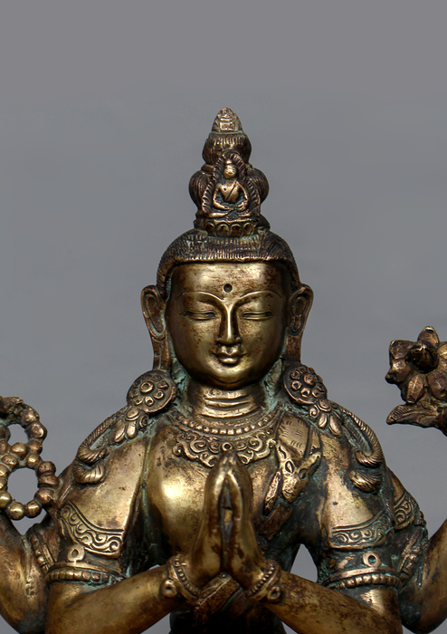 Antique Style Copper Chenrezig Statue 10" H