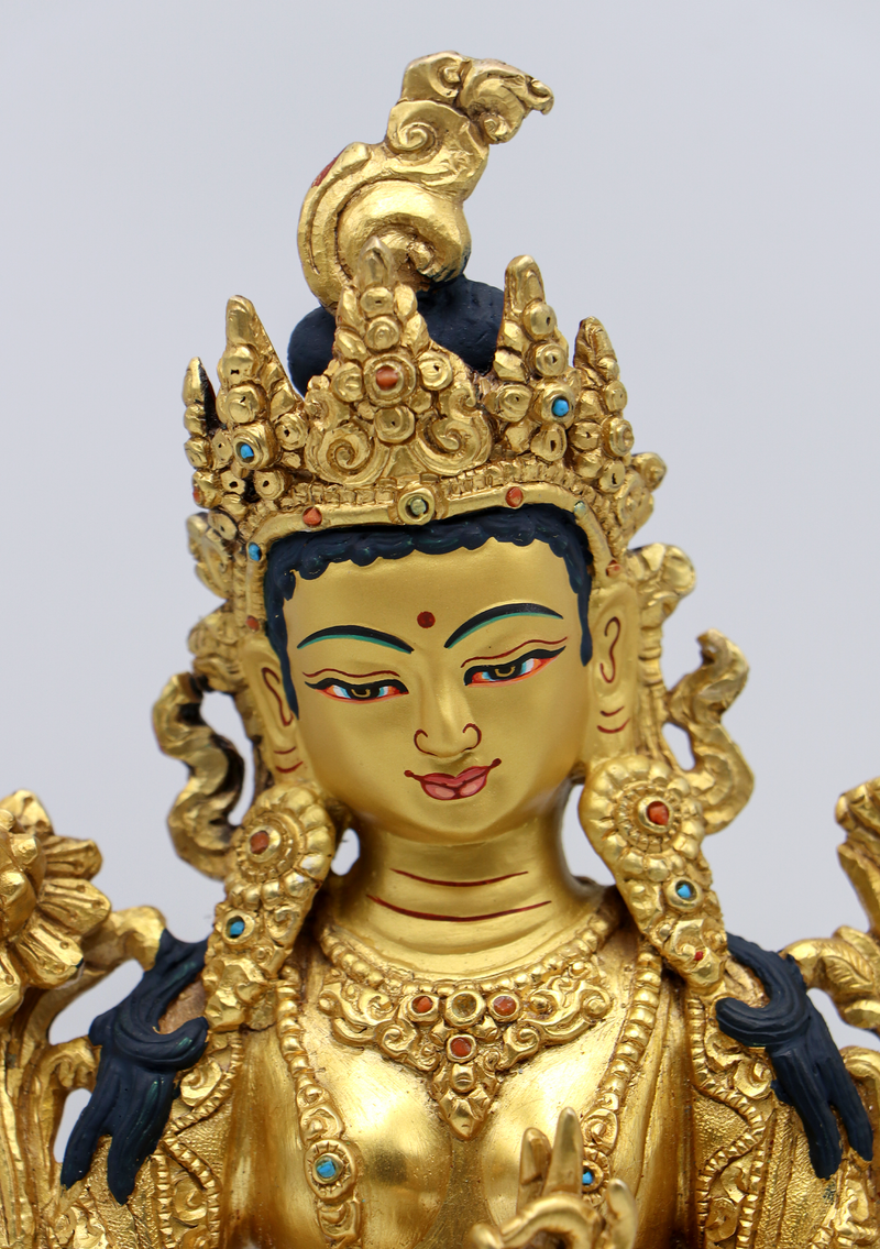 Full Gold Plated Copper Stone Inlaid Green Tara Statue 8.5"H