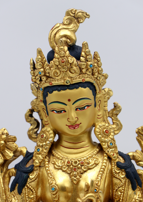 Full Gold Plated Copper Stone Inlaid Green Tara Statue 8.5"H