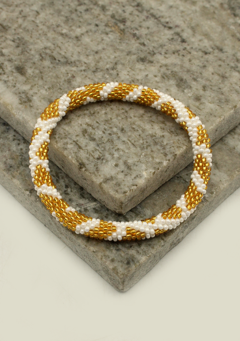 White Gold Spiral Glass Roll Beads Bracelet