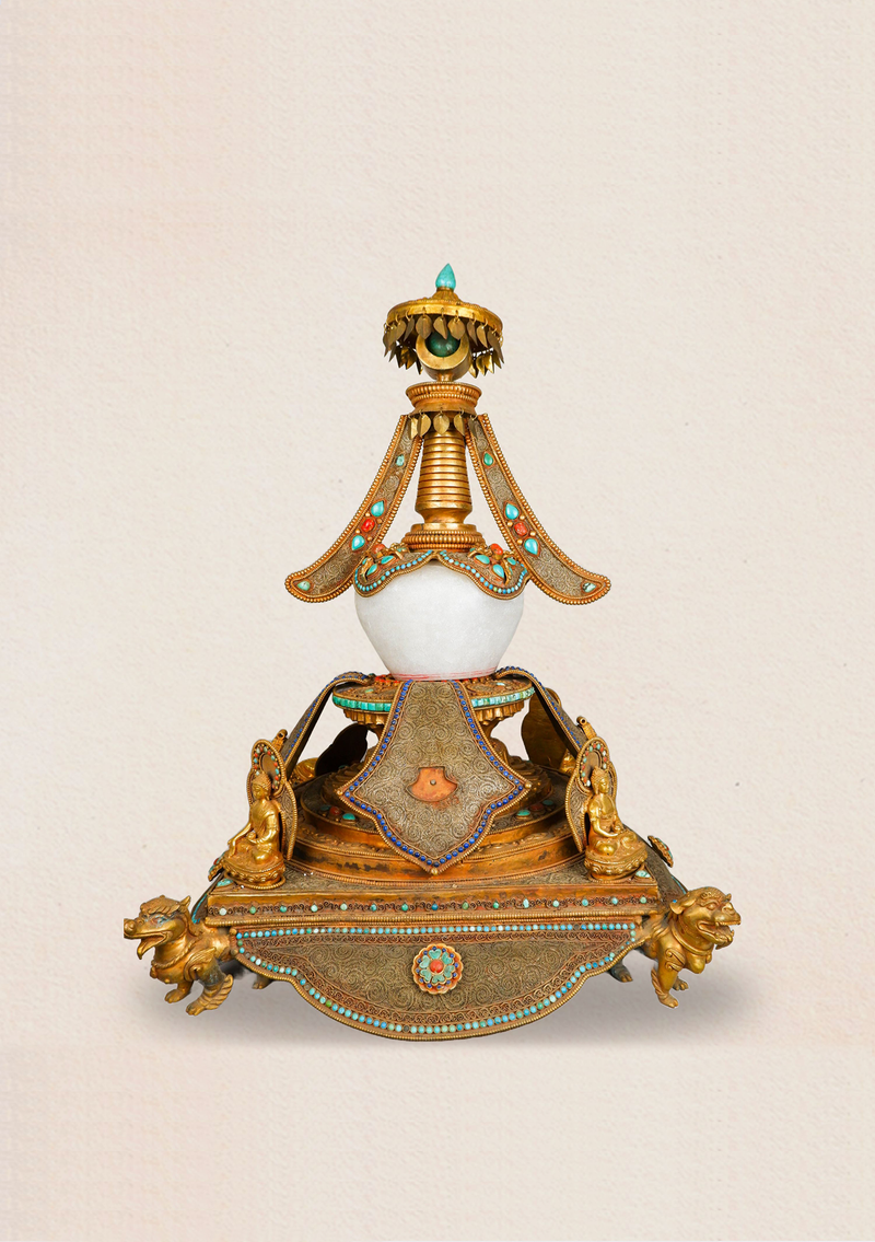Lionhearted Illumination Five Buddha Stupa with Crystal Bowl and Turquoise Adornments on Majestic Lions