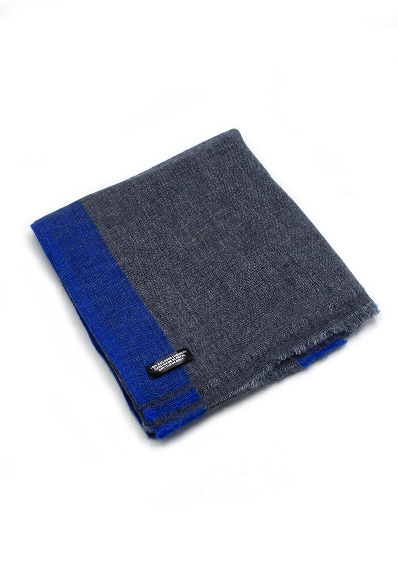 Blue Border Plain Dark Gray Mix Wool Cashmere Shawl