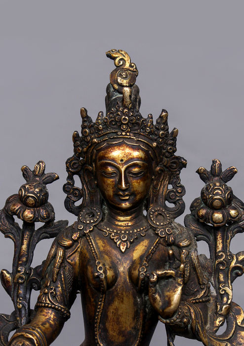 Antique Style Copper Green Tara Statue 9.5" H