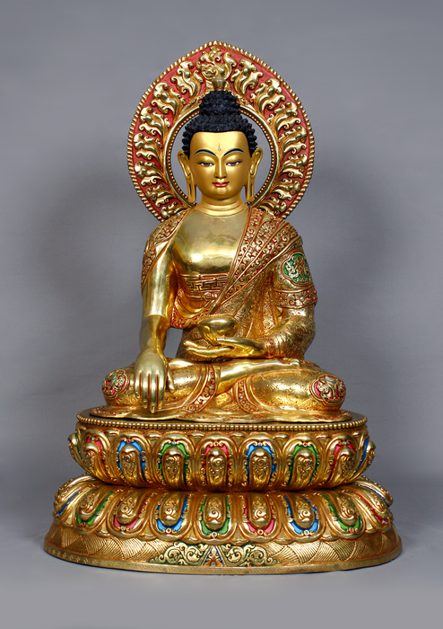 8 Auspicious Symbol Engraved Masterpiece 24K Shakyamuni Buddha Statue 1.7 feet high