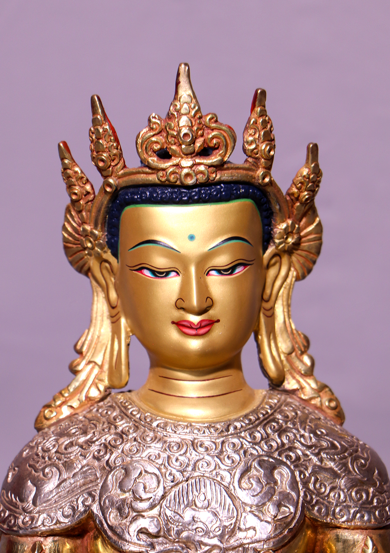Fully Gold Plated Silver Crown Buddha Statue 10.5"H