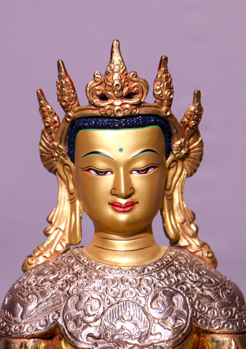 Fully Gold Plated Silver Crown Buddha Statue 10.5"H