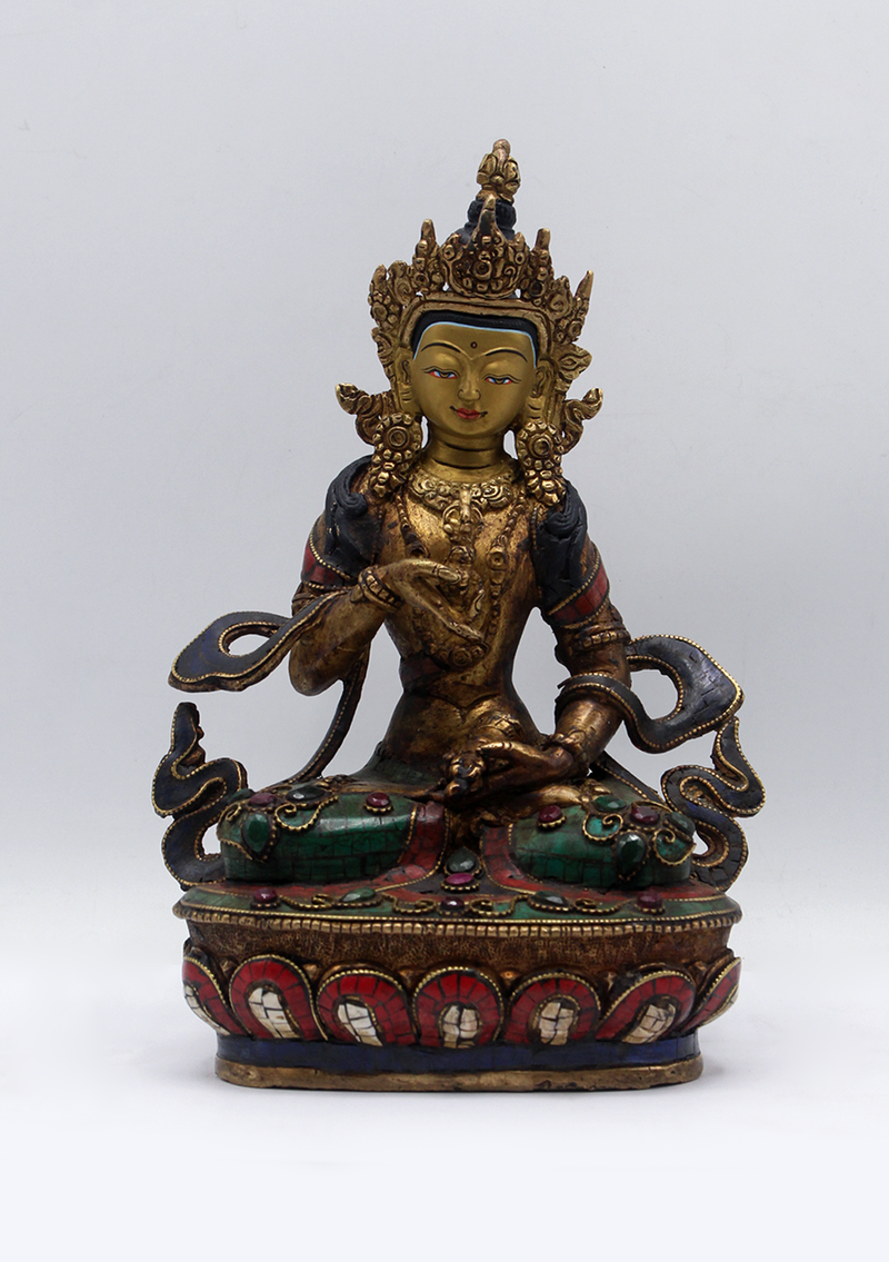 Stone Inlaid Copper Vajrasattva Statue 8.5"H