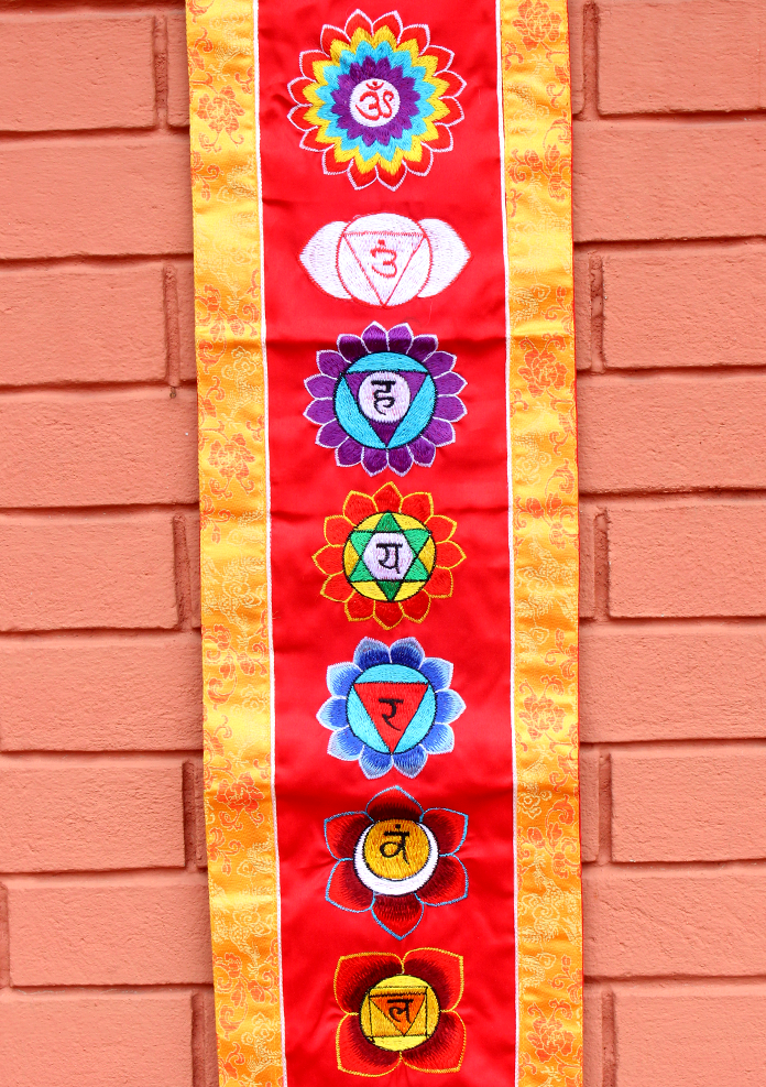 Seven Chakra Embroidered Red Polyester Wall Hanging Banner