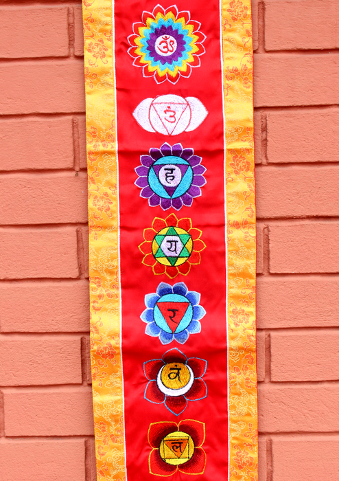 Seven Chakra Embroidered Red Polyester Wall Hanging Banner