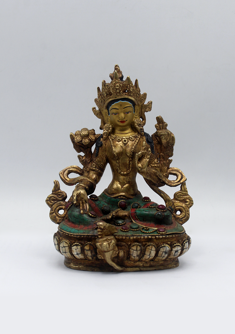Stone Inlaid Copper Green Tara Statue 6"H (1)