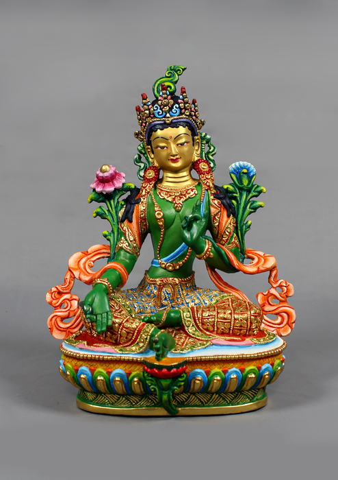 Green Tara Handpainted and Partly Gold Gilded Statue