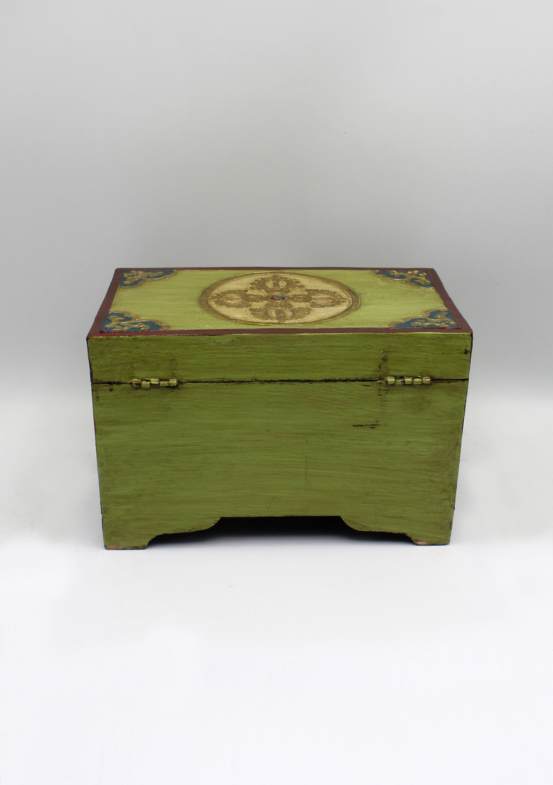 Handpainted Tibetan Double Dorjee Green Wooden Box -Large