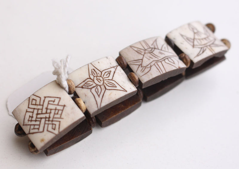 Om, Endless Knot and 8 Auspicious Symbol Carved Yak Bone Adjustable Bracelet