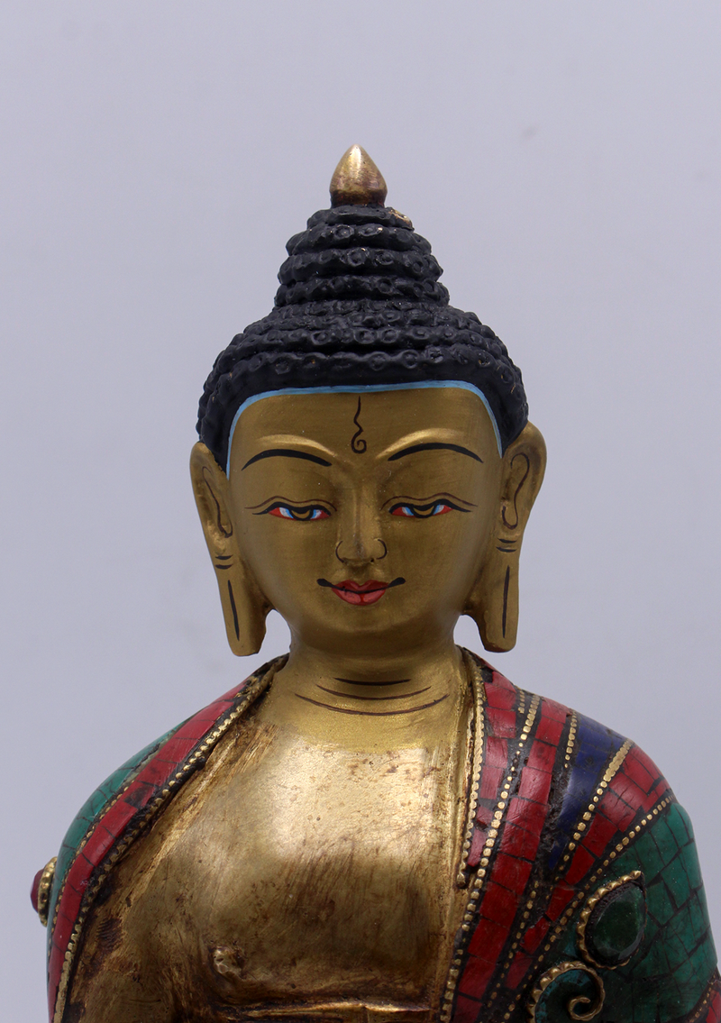Stone Inlaid Copper Medicine Buddha Statue 8.5"H
