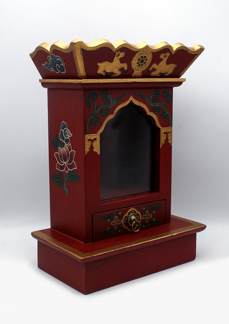 Lotus Tibetan Wooden Shrine Altar Box with Glass