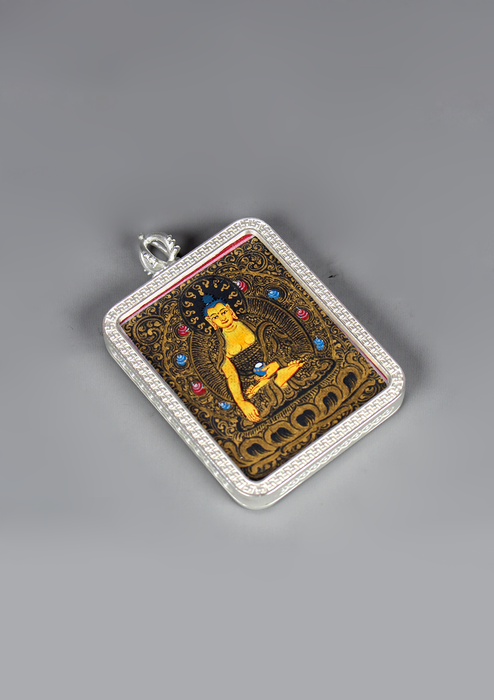 Shakyamuni Buddha Mini Thangka Amulet Pendant Silver