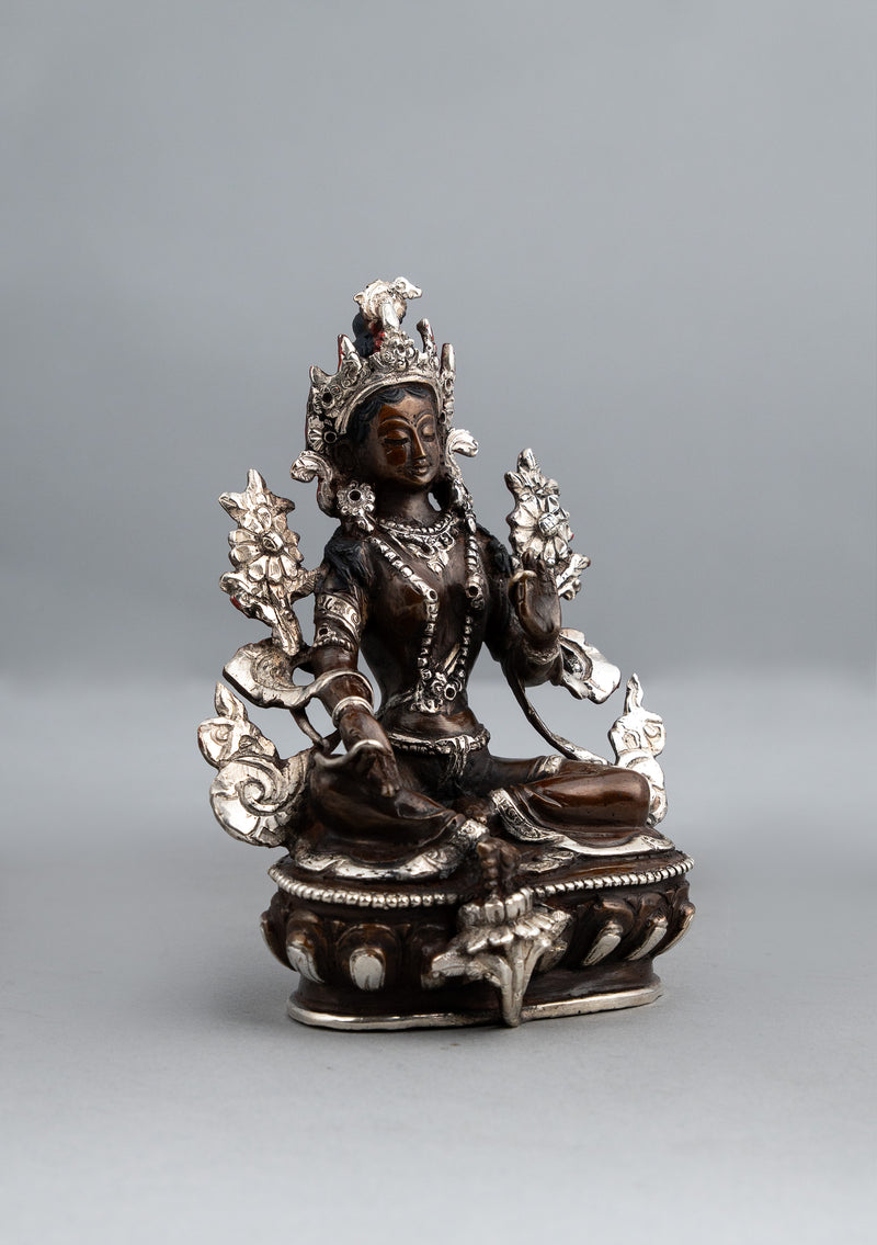 Silver Copper Green Tara Statue 5.5"H