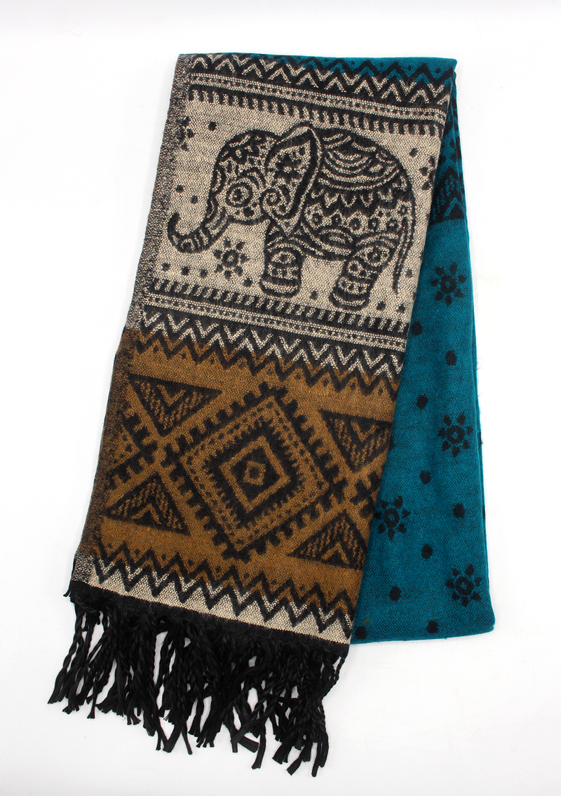 Hand loomed Elephant Blue Green Woolen Shawl- Krishma
