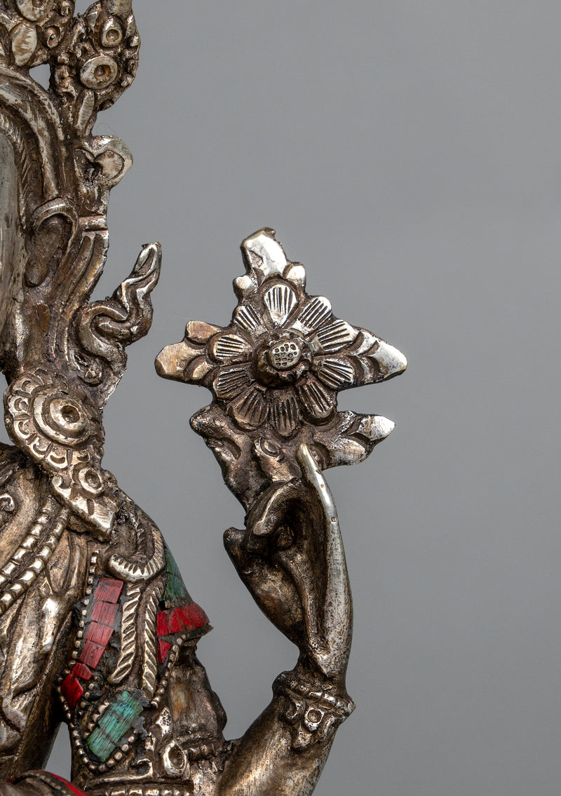 Silver Plated  Stone Inlaid  Four arms Chenrezig Statue