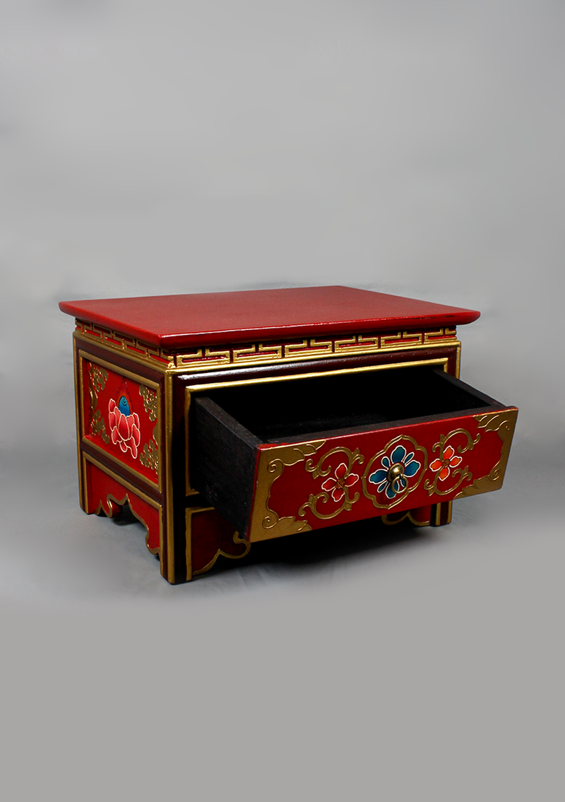 Handpainted Tibetan Wooden Shrine Box Table with Drawer