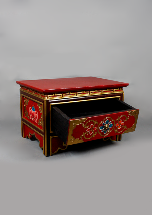 Handpainted Tibetan Wooden Shrine Box Table with Drawer